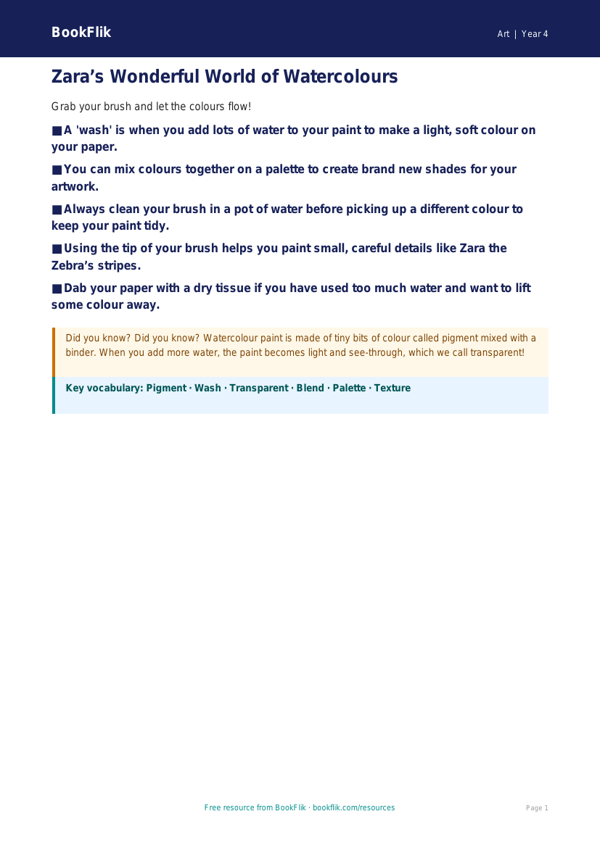 Free Watercolour Poster | Year 4 | Art | BookFlik worksheet preview — Art Watercolour