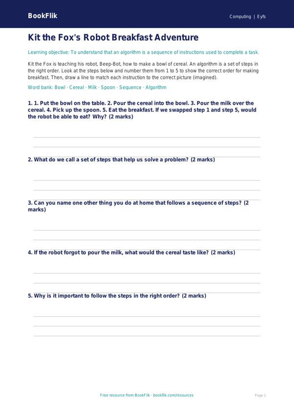 Free Algorithms Activity Sheet | Foundation | Computing | BookFlik worksheet preview — Computing Algorithms