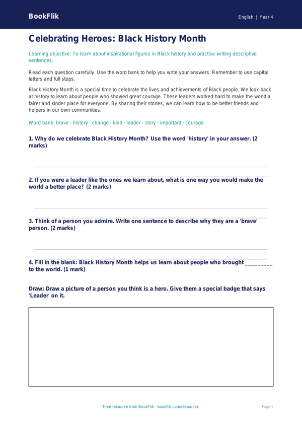 Free Black History Month Worksheet | Year 4 | English | BookFlik worksheet preview — English Black History Month