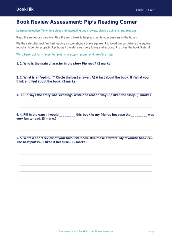 Free Book Review Assessment | Year 4 | English | BookFlik worksheet preview — English Book Review