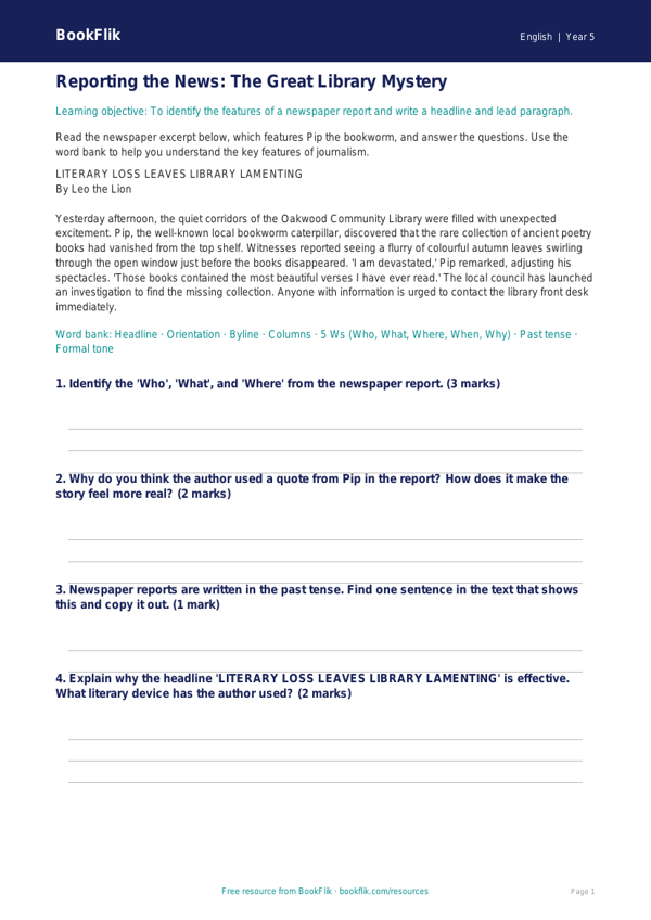 Free Newspaper Writing Track Sheet | Year 5 | English | BookFlik worksheet preview — English Newspaper Writing