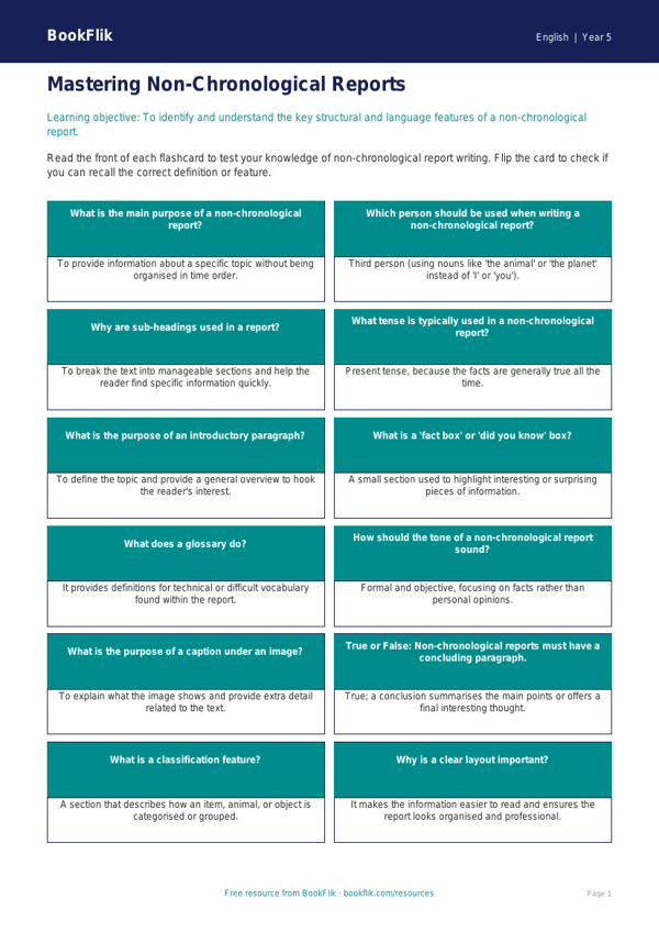 Free Non Chronological Reports Flashcards | Year 5 | English | BookFlik worksheet preview — English Non Chronological Reports