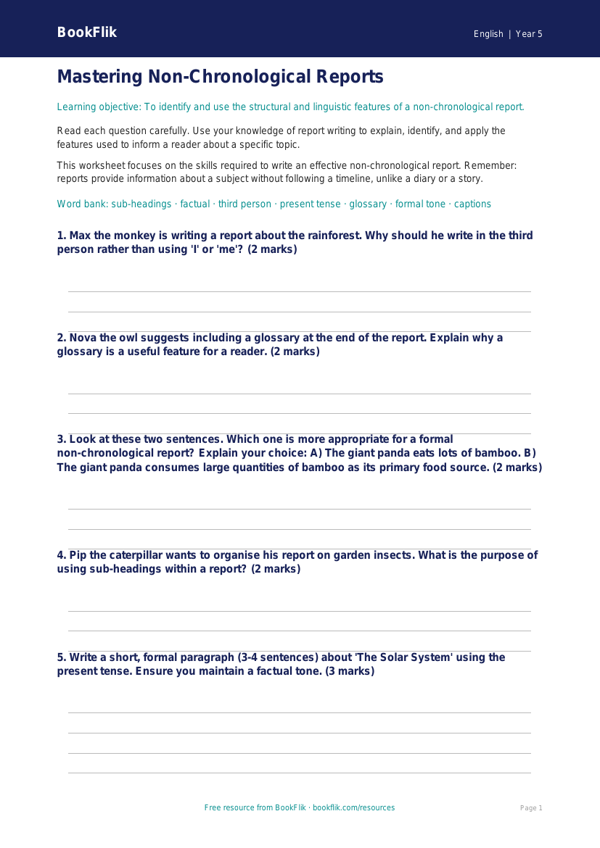 Free Non Chronological Reports Worksheet | Year 5 | English | BookFlik worksheet preview — English Non Chronological Reports