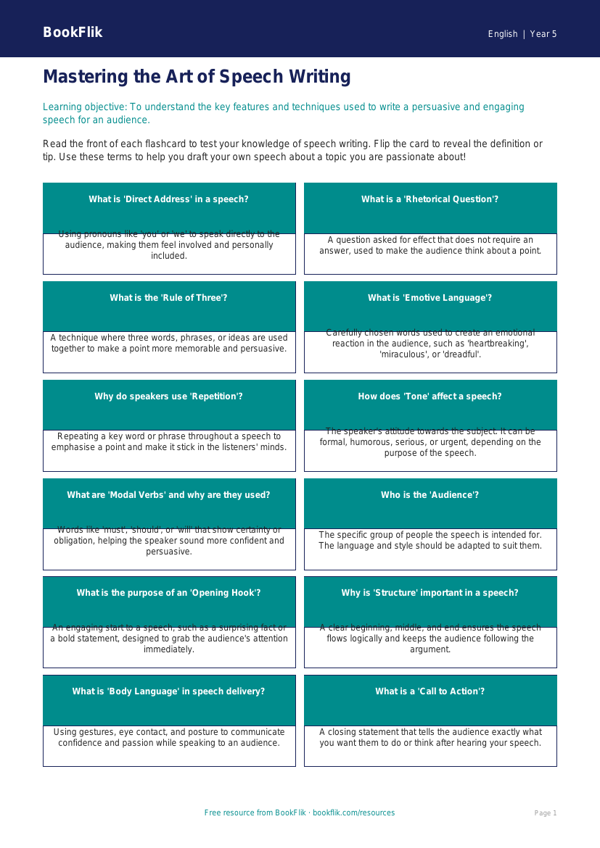 Free Speech Writing Flashcards | Year 5 | English | BookFlik worksheet preview — English Speech Writing