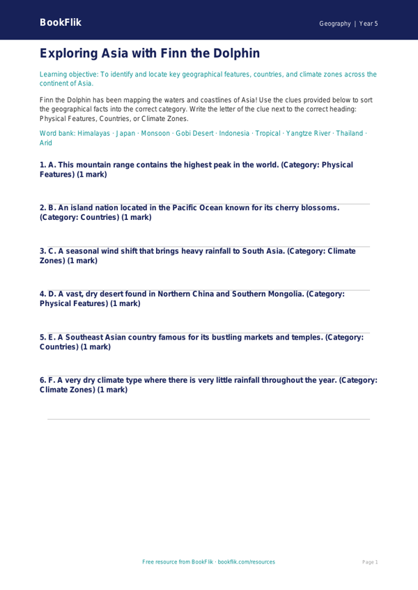 Free Asia Activity Sheet | Year 5 | Geography | BookFlik worksheet preview — Geography Asia