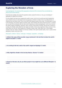 Free Asia Comprehension | Year 5 | Geography | BookFlik