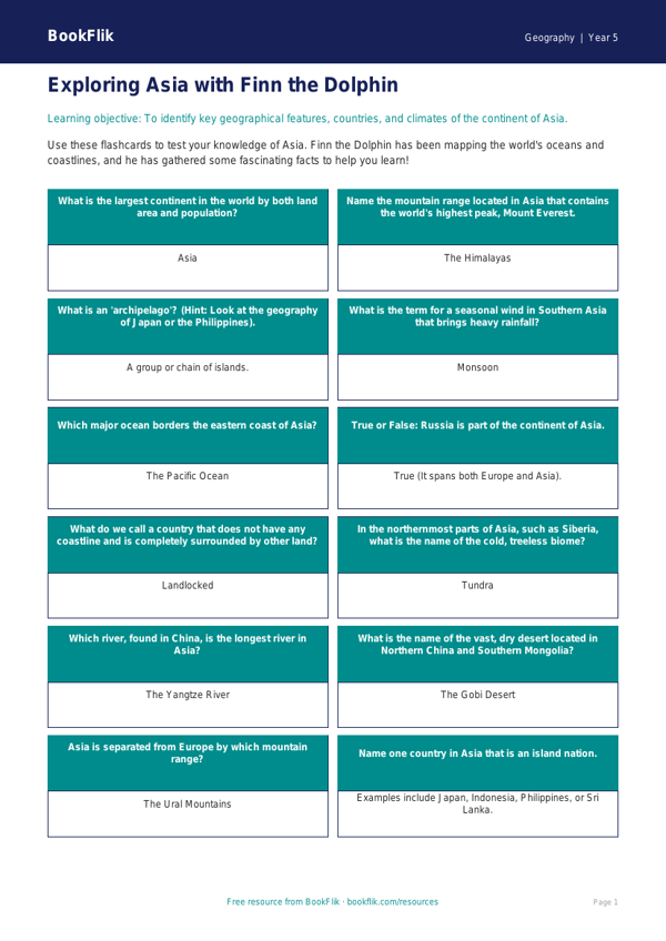 Free Asia Flashcards | Year 5 | Geography | BookFlik worksheet preview — Geography Asia