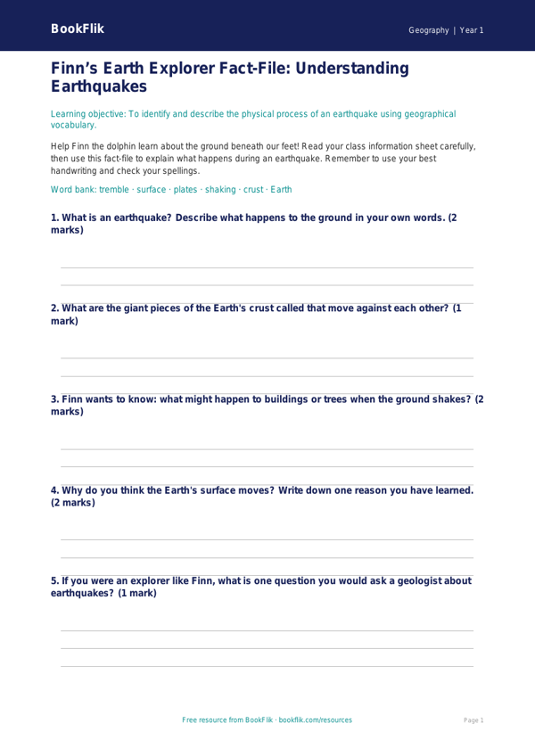 Earthquakes Template for Year 1 | Geography | BookFlik worksheet preview — Geography Earthquakes
