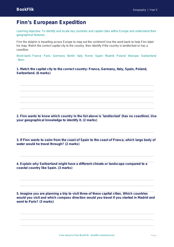 Free Europe Activity Sheet | Year 5 | Geography | BookFlik worksheet preview — Geography Europe
