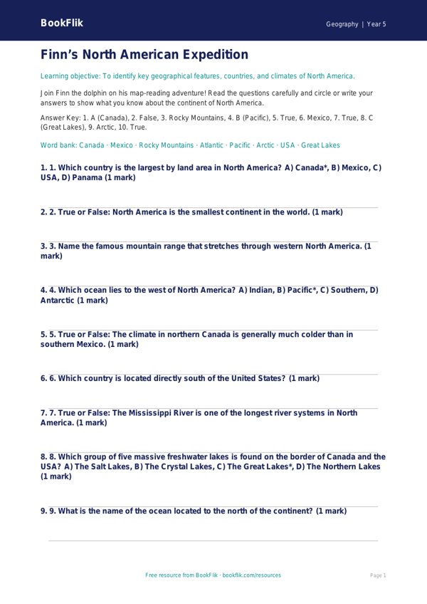 North America Quiz for Year 5 | Australian Curriculum Geography worksheet preview — Geography North America