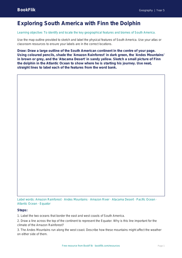 Free South America Drawing Sheet | Year 5 | Geography | BookFlik worksheet preview — Geography South America