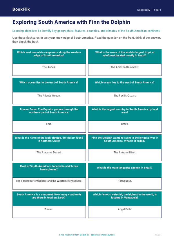 South America Geography Flashcards | Year 5 Australian Curriculum worksheet preview — Geography South America