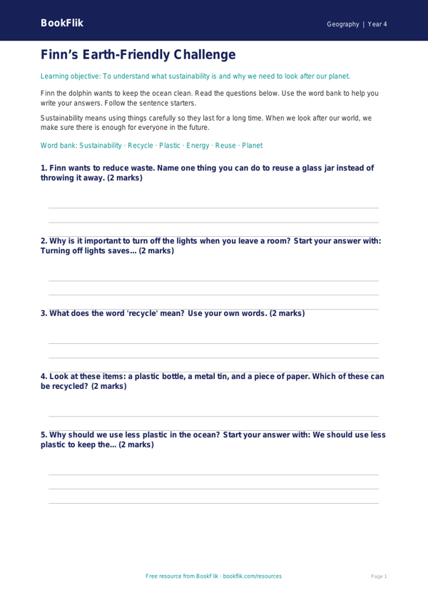 Free Sustainability Worksheet | Year 4 | Geography | BookFlik worksheet preview — Geography Sustainability