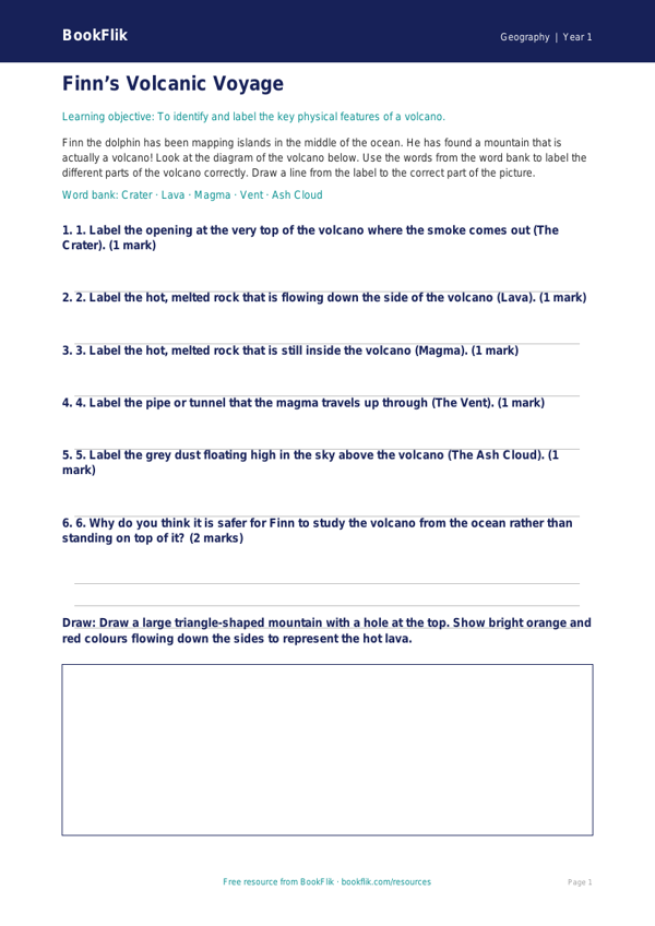 Free Volcanoes Activity Sheet | Year 1 | Geography | BookFlik worksheet preview — Geography Volcanoes