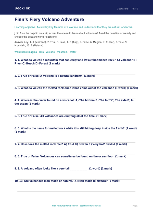Free Volcanoes Quiz | Year 1 | Geography | BookFlik worksheet preview — Geography Volcanoes