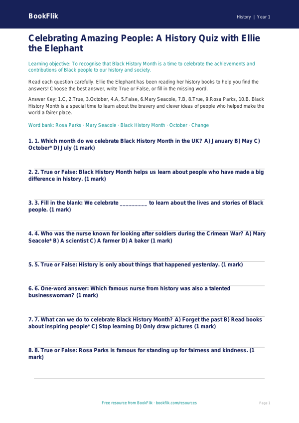 Black History Month Quiz for Year 1 | Australian Curriculum History worksheet preview — History Black History Month