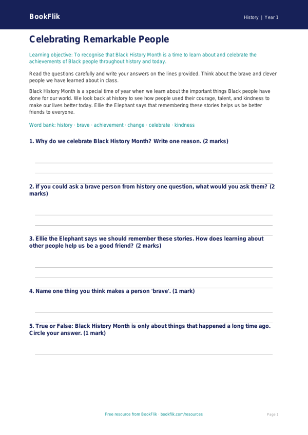 Free Black History Month Worksheet | Year 1 | History | BookFlik worksheet preview — History Black History Month