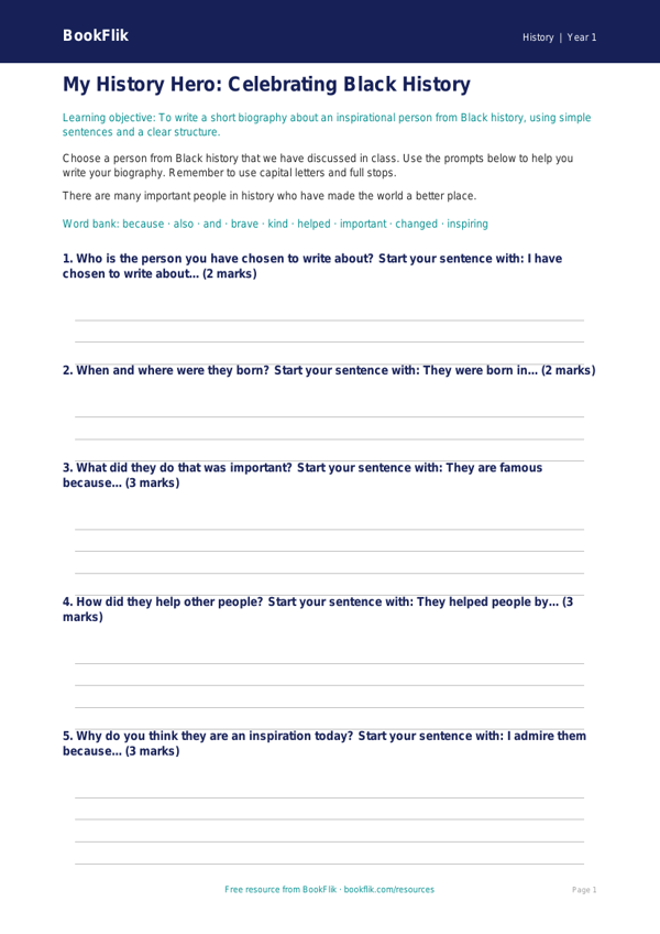 Free Black History Month Writing Frame | Year 1 | History | BookFlik worksheet preview — History Black History Month