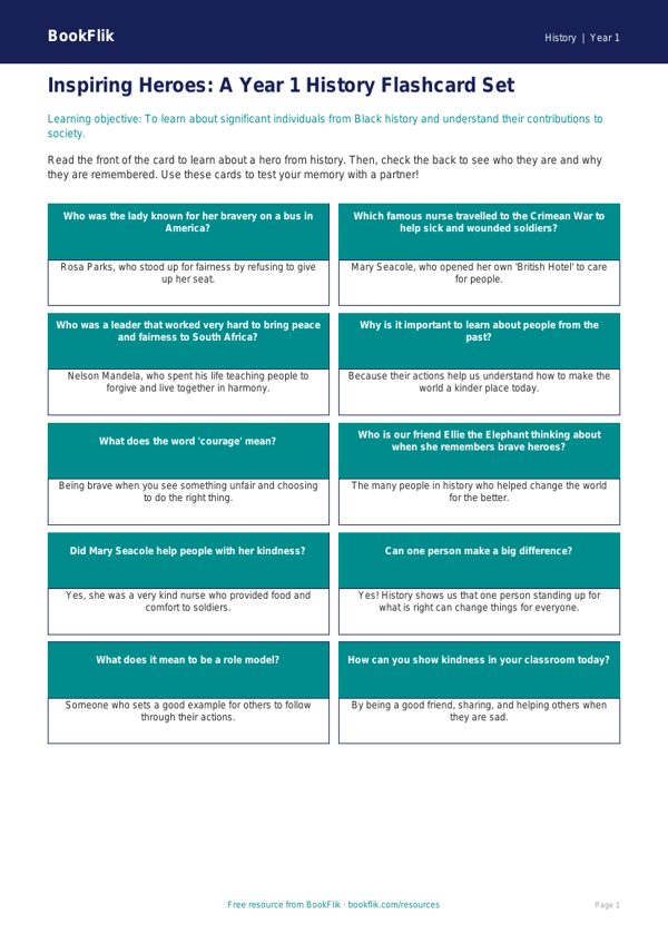 Black History Flashcards for Year 1 | Australian Curriculum History worksheet preview — History Black History