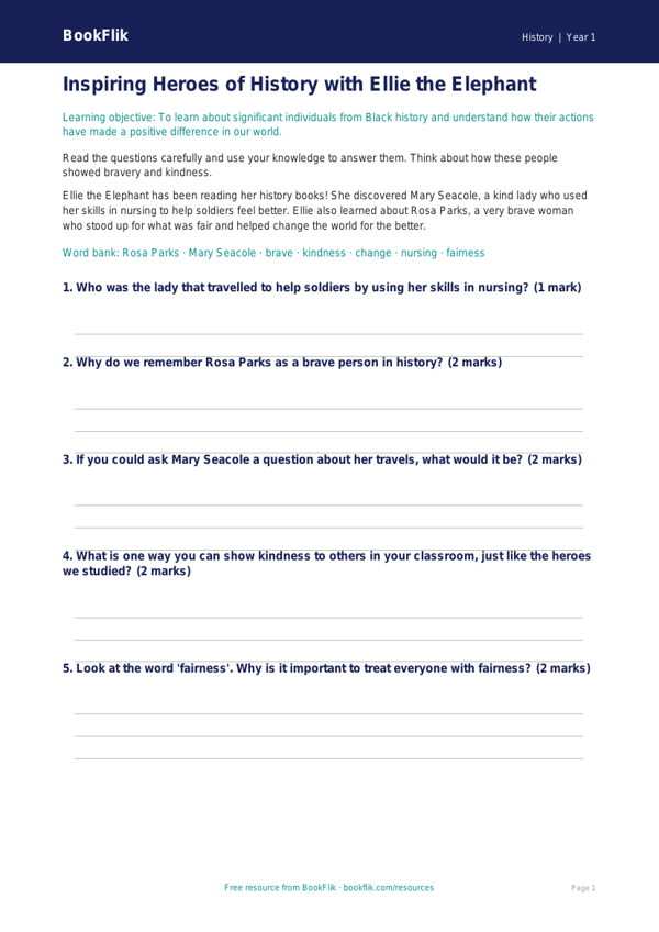 Black History Worksheet for Year 1 | Australian Curriculum | BookFlik worksheet preview — History Black History