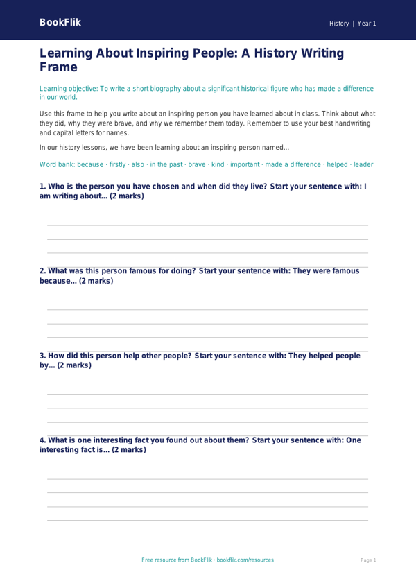 Free Black History Writing Frame | Year 1 | History | BookFlik worksheet preview — History Black History