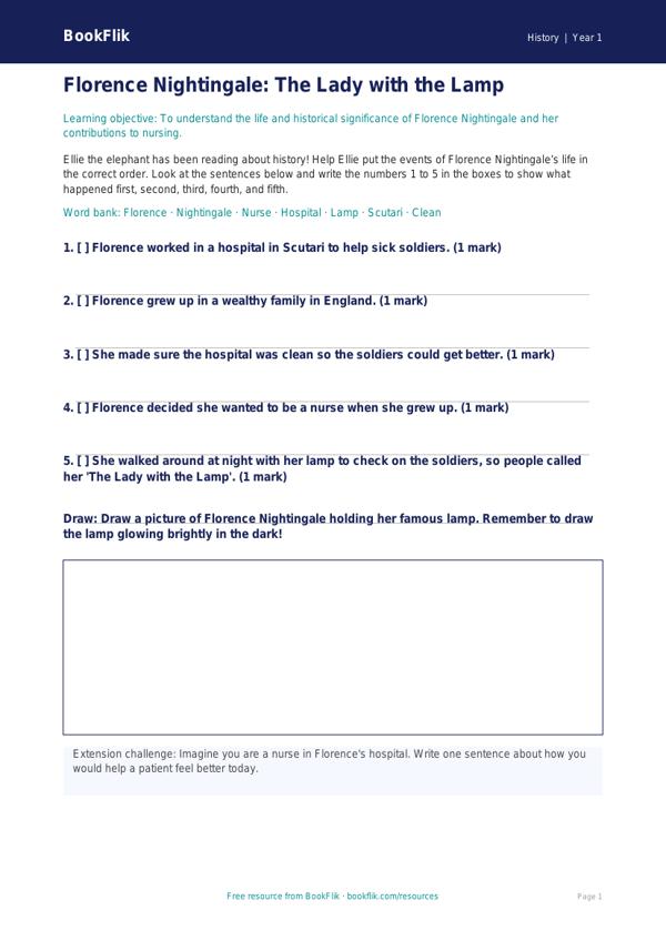 Free Florence Nightingale Activity Sheet | Year 1 | History | BookFlik worksheet preview — History Florence Nightingale