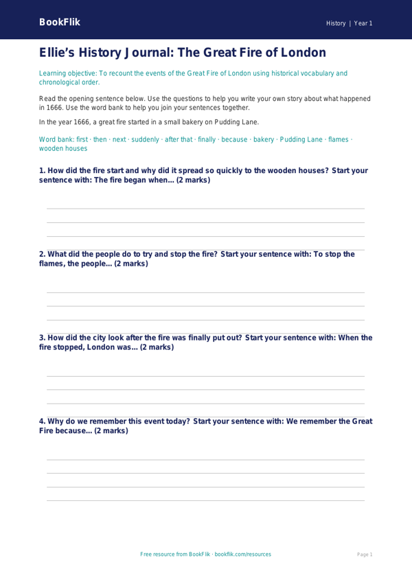 Free Great Fire Of London Writing Frame | Year 1 | History | BookFlik worksheet preview — History Great Fire Of London