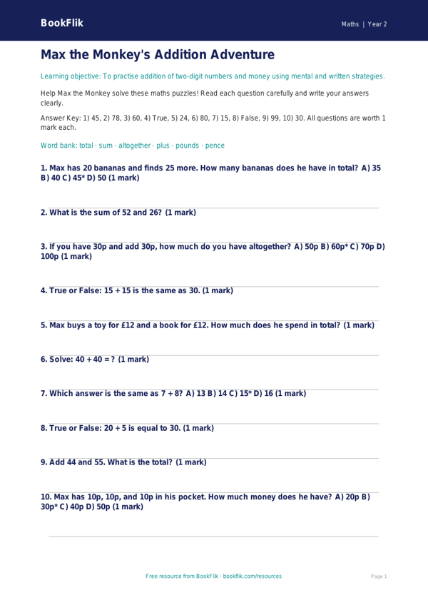 Free Addition Quiz | Year 2 | Maths | BookFlik worksheet preview — Maths Addition