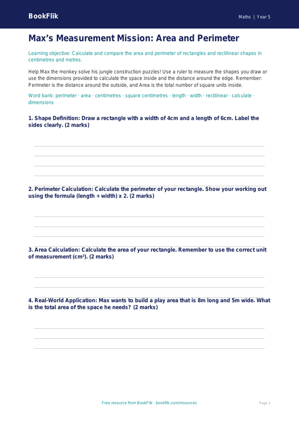 Free Area And Perimeter Template | Year 5 | Maths | BookFlik worksheet preview — Maths Area And Perimeter