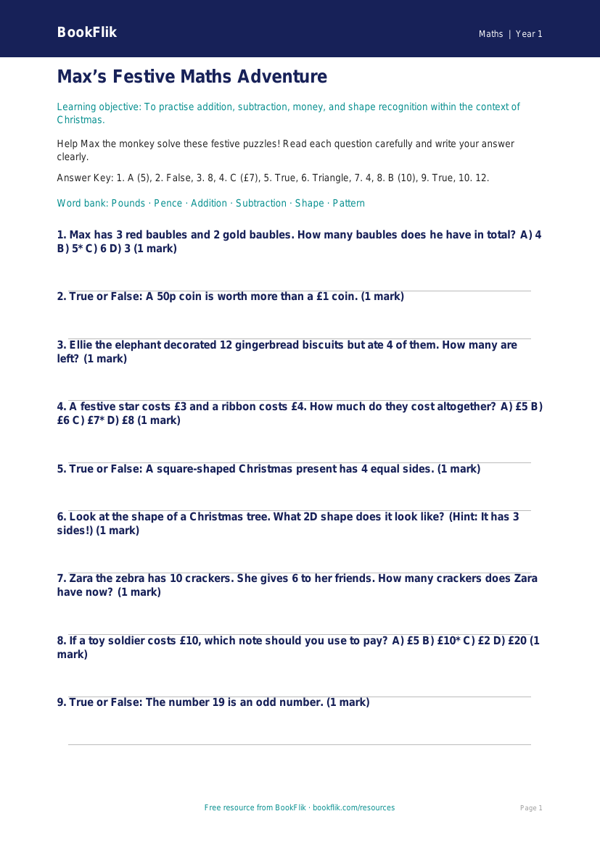 Free Christmas Maths Quiz | Year 1 | Maths | BookFlik worksheet preview — Maths Christmas Maths