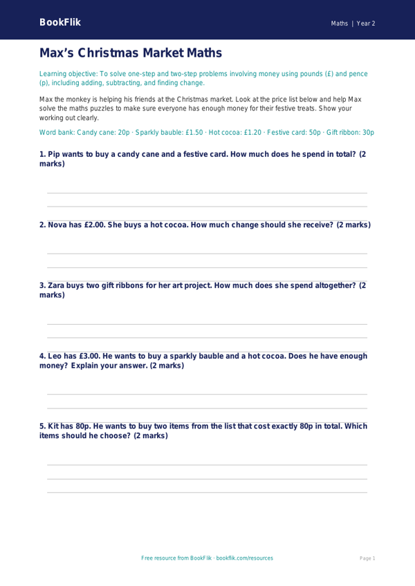 Free Christmas Maths Activity Sheet | Year 2 | Maths | BookFlik worksheet preview — Maths Christmas Maths
