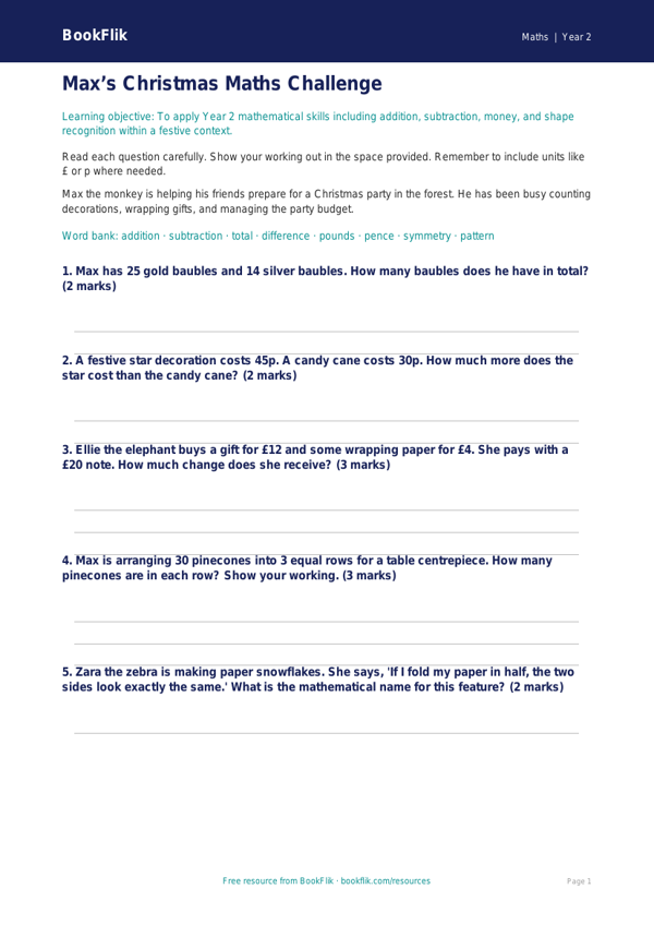 Free Christmas Maths Assessment | Year 2 | Maths | BookFlik worksheet preview — Maths Christmas Maths