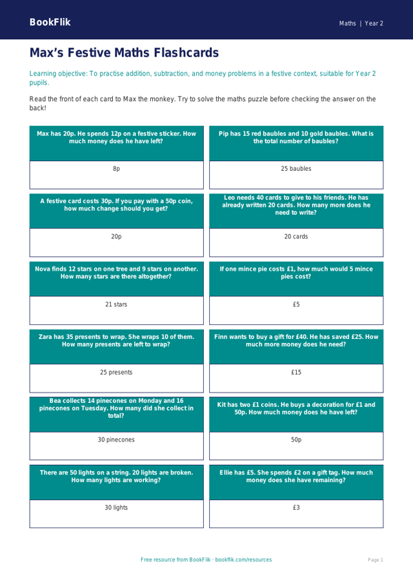 Free Christmas Maths Flashcards | Year 2 | Maths | BookFlik worksheet preview — Maths Christmas Maths