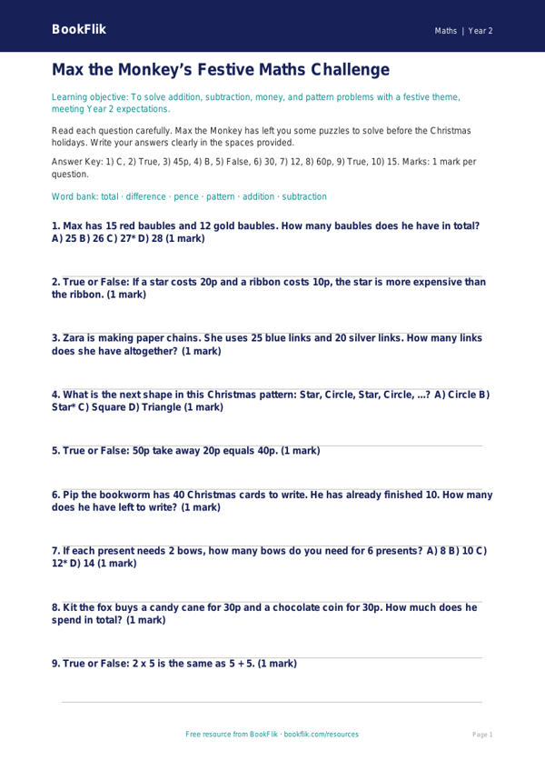 Free Christmas Maths Quiz | Year 2 | Maths | BookFlik worksheet preview — Maths Christmas Maths