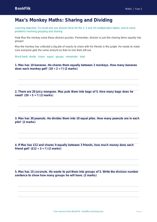 Free Division Worksheet | Year 2 | Maths | BookFlik worksheet preview — Maths Division