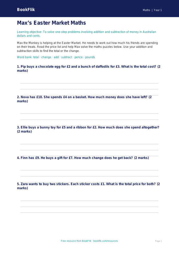 Free Easter Maths Activity Sheet | Year 1 | Maths | BookFlik worksheet preview — Maths Easter Maths