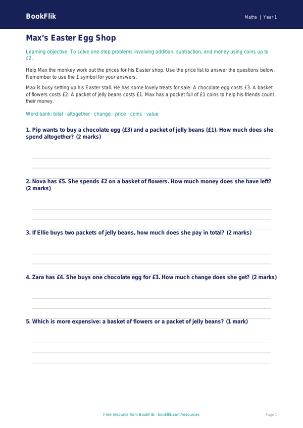 Free Easter Maths Track Sheet | Year 1 | Maths | BookFlik worksheet preview — Maths Easter Maths