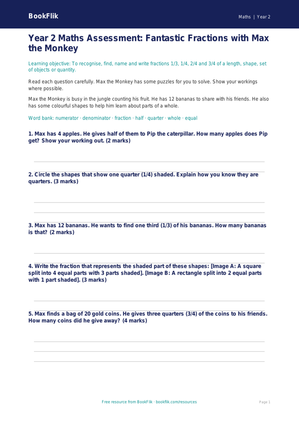 Free Fractions Assessment | Year 2 Maths | Australian Curriculum worksheet preview — Maths Fractions