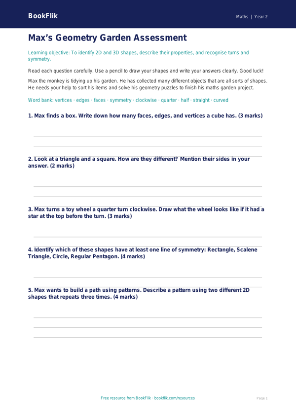 Free Geometry Assessment | Year 2 | Maths | BookFlik worksheet preview — Maths Geometry