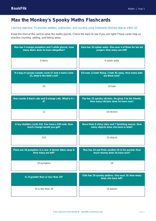 Halloween Maths Flashcards for Year 1 | Australian Curriculum worksheet preview — Maths Halloween Maths