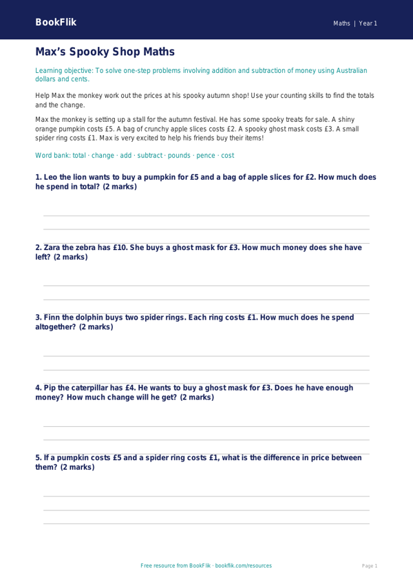 Halloween Maths Track Sheet | Year 1 Australian Curriculum | BookFlik worksheet preview — Maths Halloween Maths
