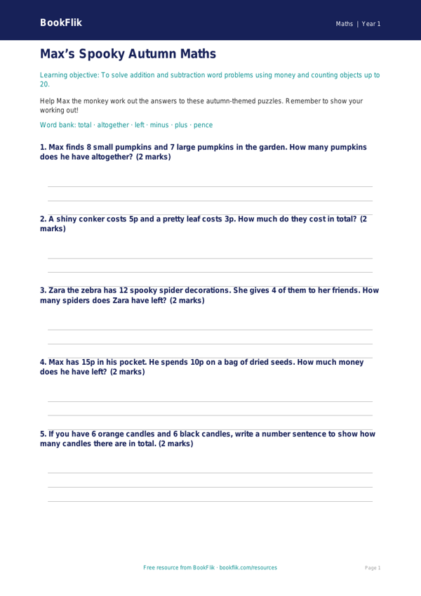 Free Halloween Maths Worksheet | Year 1 | Maths | BookFlik worksheet preview — Maths Halloween Maths