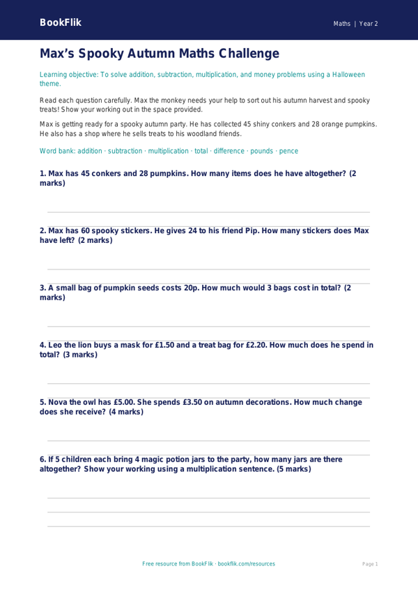 Halloween Maths Assessment Year 2 | Australian Curriculum | BookFlik worksheet preview — Maths Halloween Maths