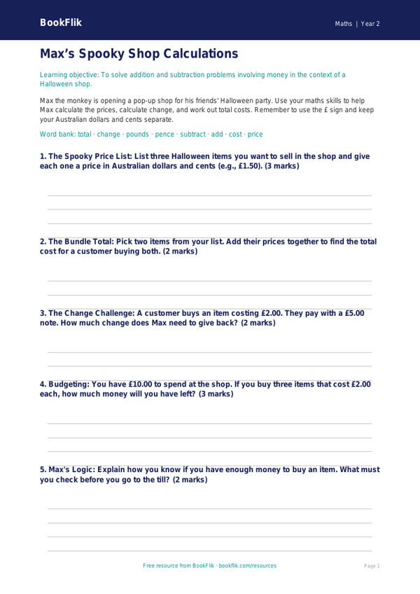 Free Halloween Maths Template | Year 2 | Maths | BookFlik worksheet preview — Maths Halloween Maths