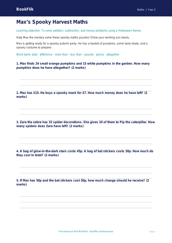 Free Halloween Maths Worksheet | Year 2 | Maths | BookFlik worksheet preview — Maths Halloween Maths