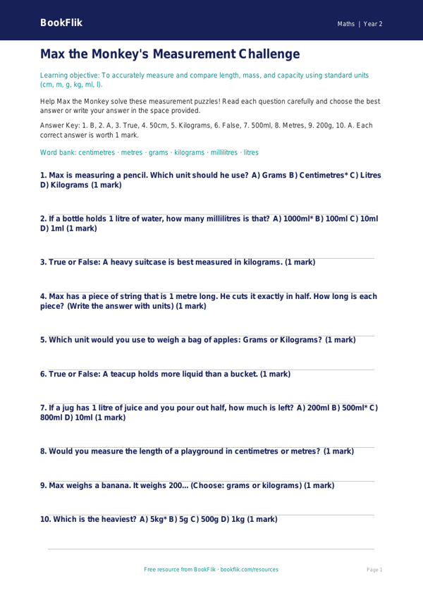 Free Measurement Quiz | Year 2 | Maths | BookFlik worksheet preview — Maths Measurement