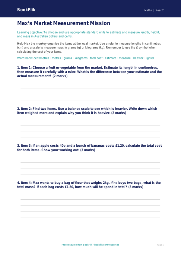 Free Measurement Template | Year 2 | Maths | BookFlik worksheet preview — Maths Measurement