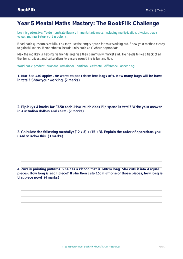 Free Mental Maths Assessment | Year 5 | Maths | BookFlik worksheet preview — Maths Mental Maths