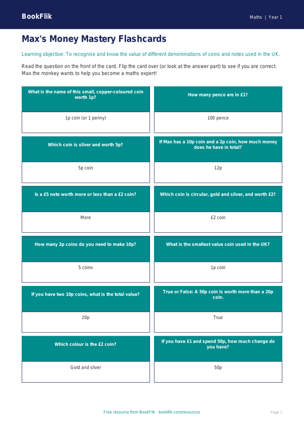 Free Money Flashcards | Year 1 | Maths | BookFlik worksheet preview — Maths Money