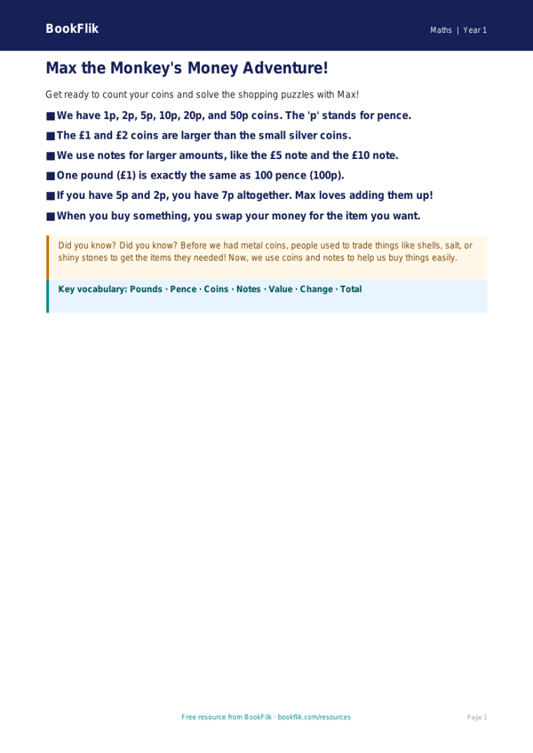Free Money Poster | Year 1 | Maths | BookFlik worksheet preview — Maths Money